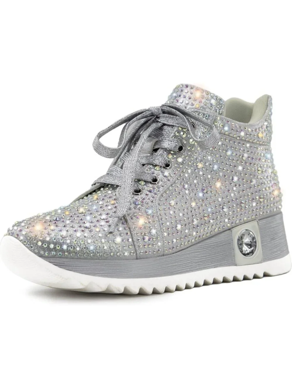Women's Silver Glitter Sparkly Rhinestone High Top Trendy Sequin Fashion Sneaker